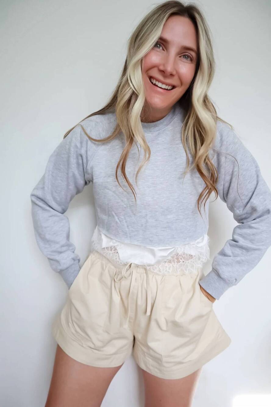 NEW SUNDAYUP jane luxe lace-trim cropped sweatshirt in grey